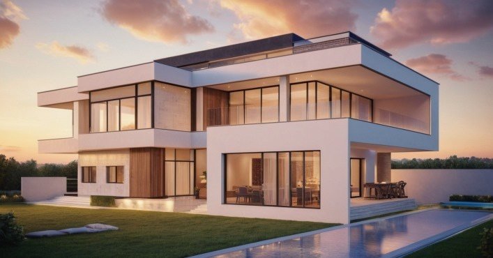 Nithin Residence contemporary villa visualisation at dusk